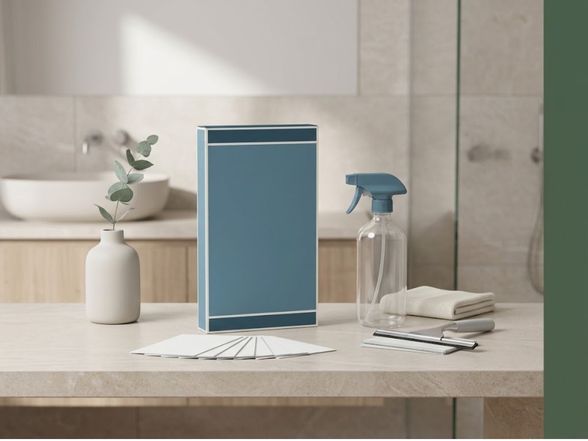 Bathroom surface cleaning sheets with a reusable spray bottle