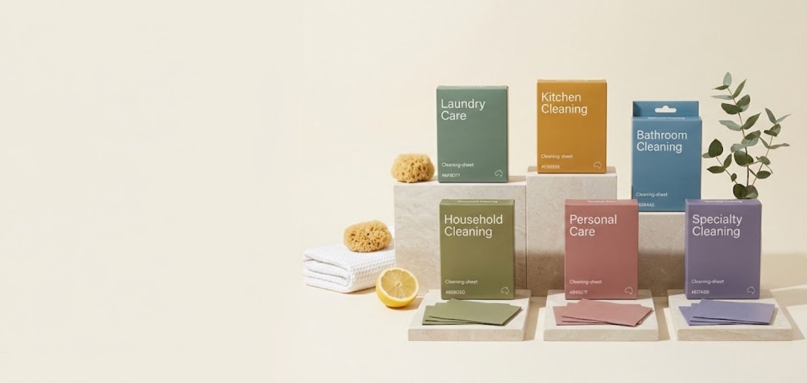 Six colour-coded cleaning-sheet ranges for laundry, kitchen, bathroom, household, personal and specialty care