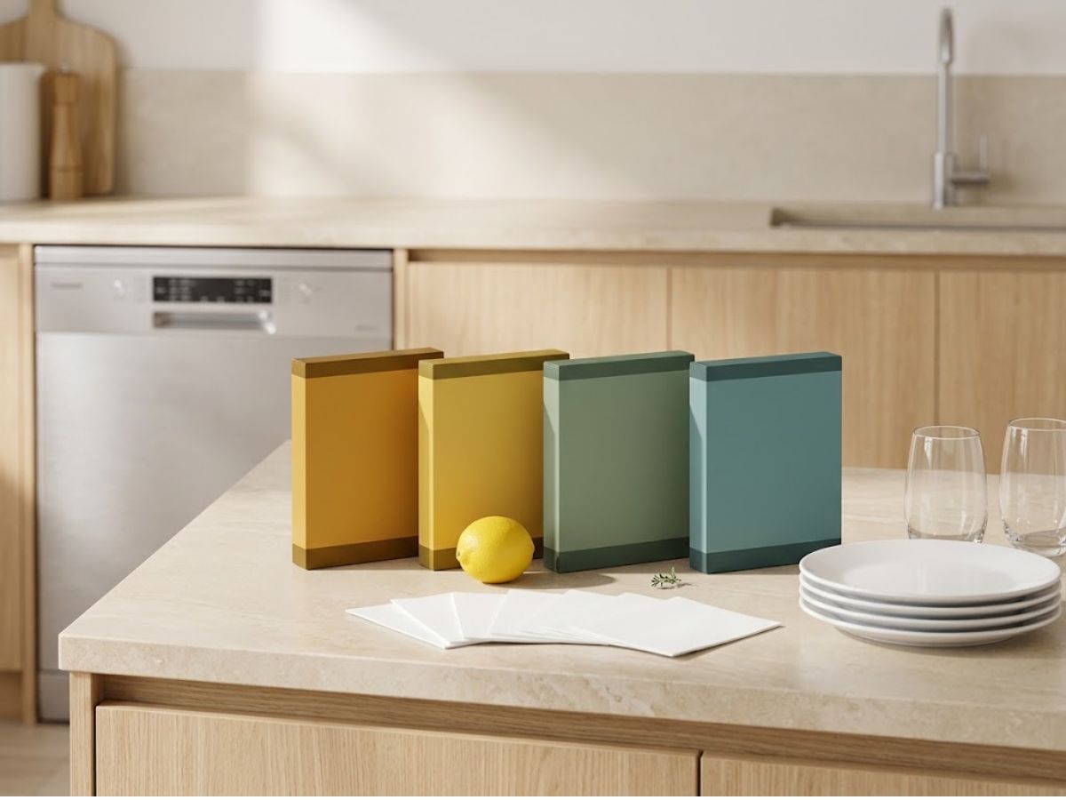 Dishwasher detergent sheet packaging with clean plates and an automatic dishwasher