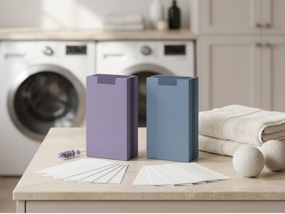 Fabric softener and dryer sheet packaging with folded laundry