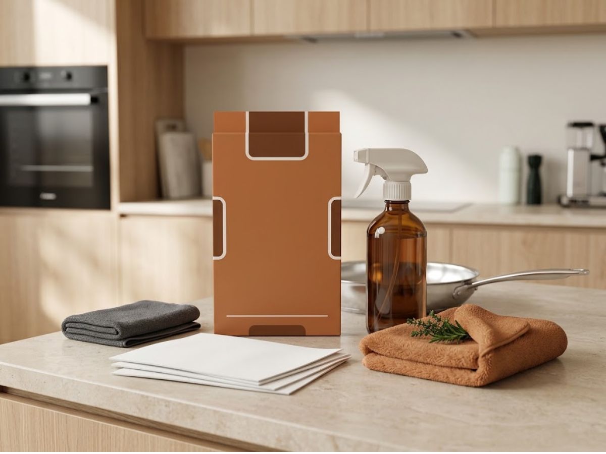 Grease and oil cleaning sheets for compatible kitchen surfaces