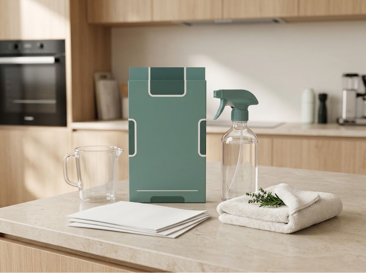 Kitchen spray refill sheets with a reusable spray bottle