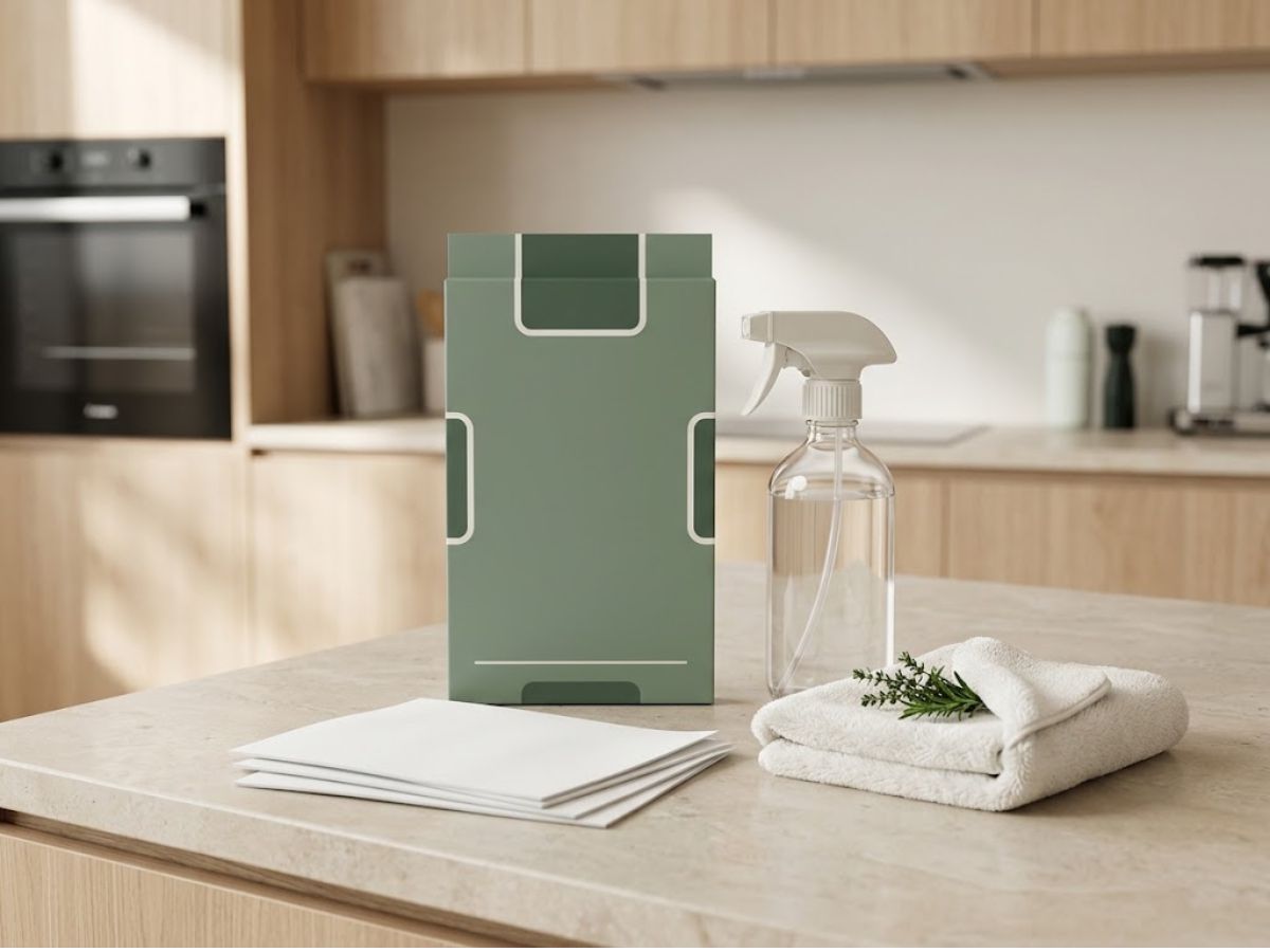 Kitchen surface cleaning sheets with a reusable spray bottle