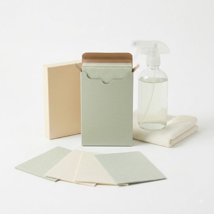 Kitchen surface cleaning sheets with a reusable spray bottle