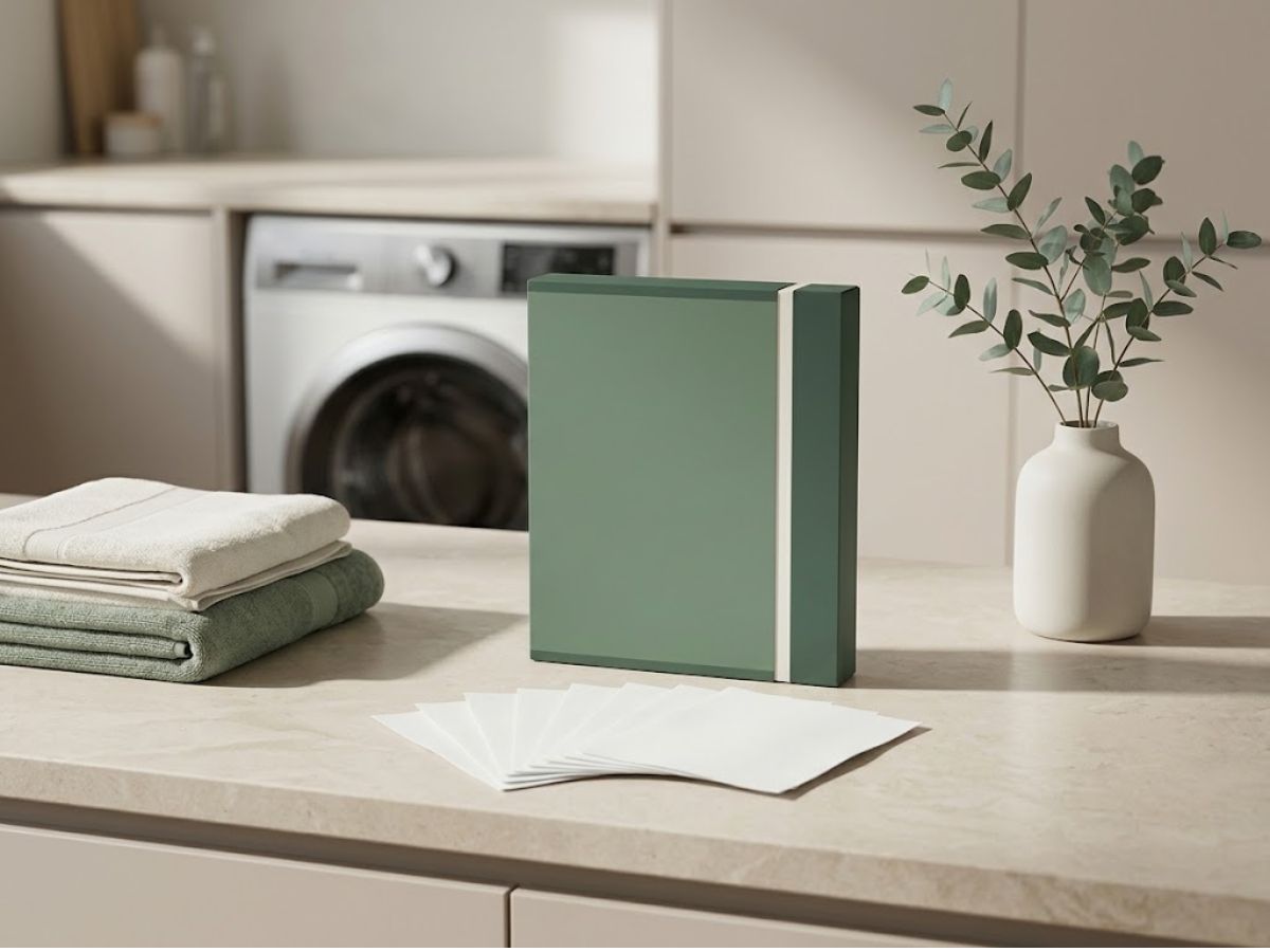 Laundry detergent sheet packaging with white detergent sheets and folded laundry